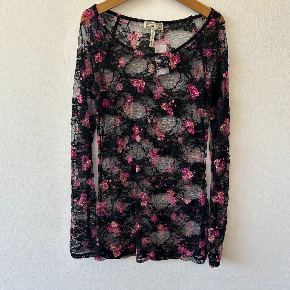 Sheer Black Floral Y2K Long Sleeve Top Womens XS NWT Whimsigoth Dark Fairy Kirra